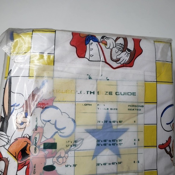NEW Vintage Looney Tunes Vinyl Tablecloth 52x70" Oval White Yellow Check Taz - Picture 6 of 6